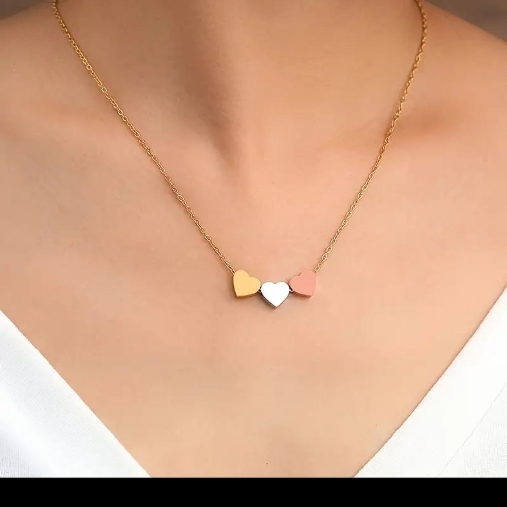 Tri-Heart Gold Necklace with Yellow, White and Pink Hearts
